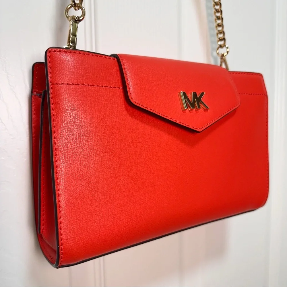 Michael Kors Structured Red Leather Chain Strap Crossbody Clutch